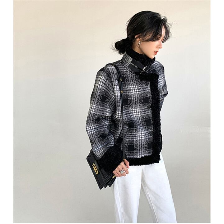 短いスタイル 長袖 コート オシャレ 暖かい 快適である ファー 大人気 スタンドカラー 格子縞 上品映え