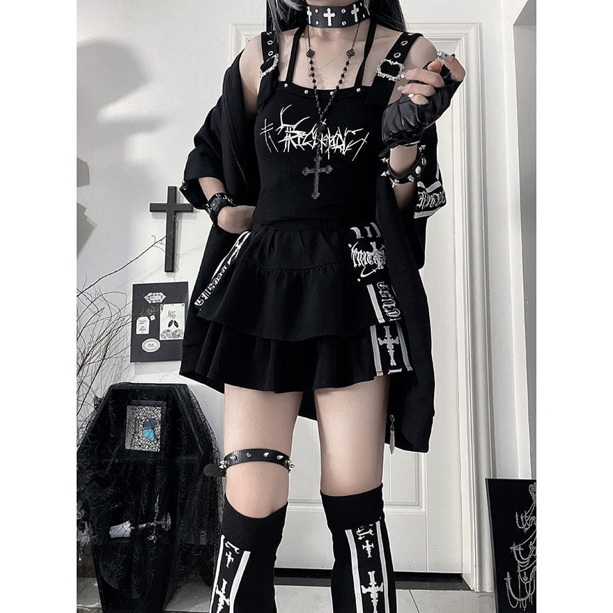 サブカル系地雷 参戦服 ストラップTシャツ 【黒 ロゴグラフィック