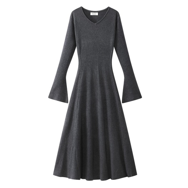 全3色/V-neck flare knit dress　B1192