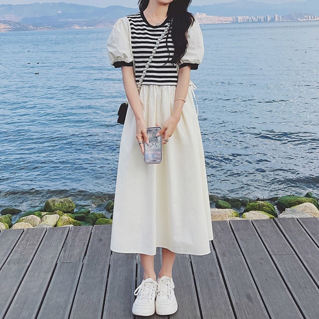 ワンピース レディース 送料無料 ミモレ丈 シャツワンピ ドッキング スリット リボン 異素材ミックス 半袖 切り替え バイカラー クルーネック ボーダー ウエストマーク Aライン ワイド 無地 ゆったりリラックス 体型カバー シンプル ラフ カジュアル シック 大人女子 大人 きれいめ こなれ感 おしゃれ お洒落 ルーズ 春 夏 普段使い 着回し おでかけ 休日 デイリー アプリコット S M L XL 10代 20代 30代 40代 50代 コーディネート 涼し 通気性