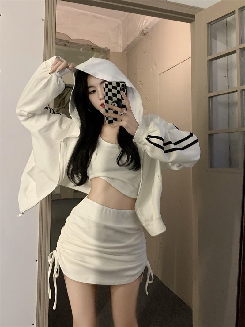 サイドストライプセーター レディースルーズショートフードジッパージャケット オータムホワイトトップス 秋物 ブラックストロベリース95176874021