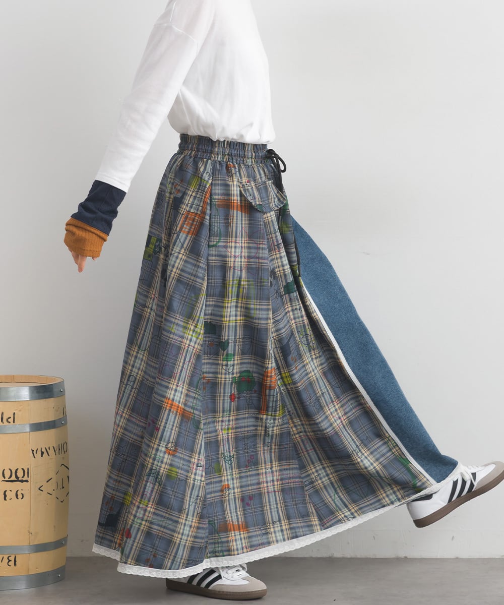 D261141 柄チェック切替デニムスカート / Denim Skirt with Printed