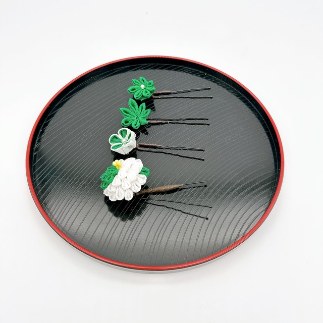 つまみ細工　かんざしセット　緑×小花（白）②