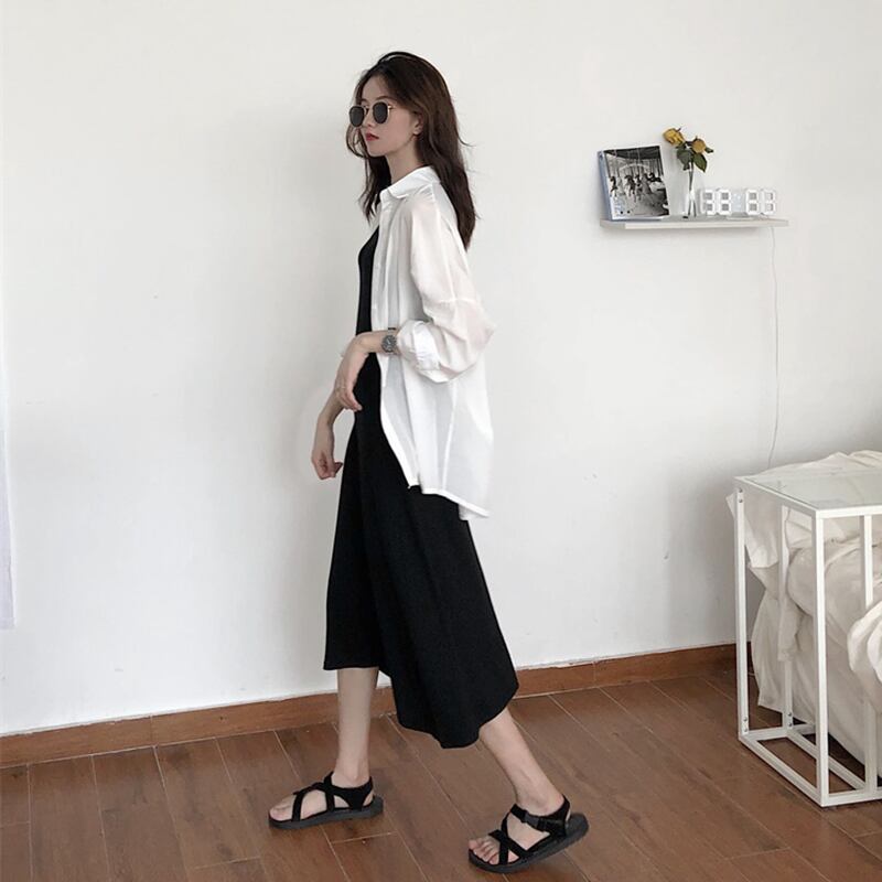 レトロなシンプルなスタイルの薄いニットベストドレス+白い日焼け止めシャツシャツファッションツーピーススーツの女性 YY-ファッション42632107845