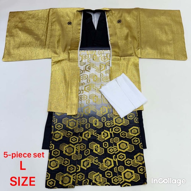 紋付袴 5点セット 着物 羽織 袴 長襦袢 角帯 裄75.5cm 袴丈89cm L 金 黒 五つ紋 中古 4514