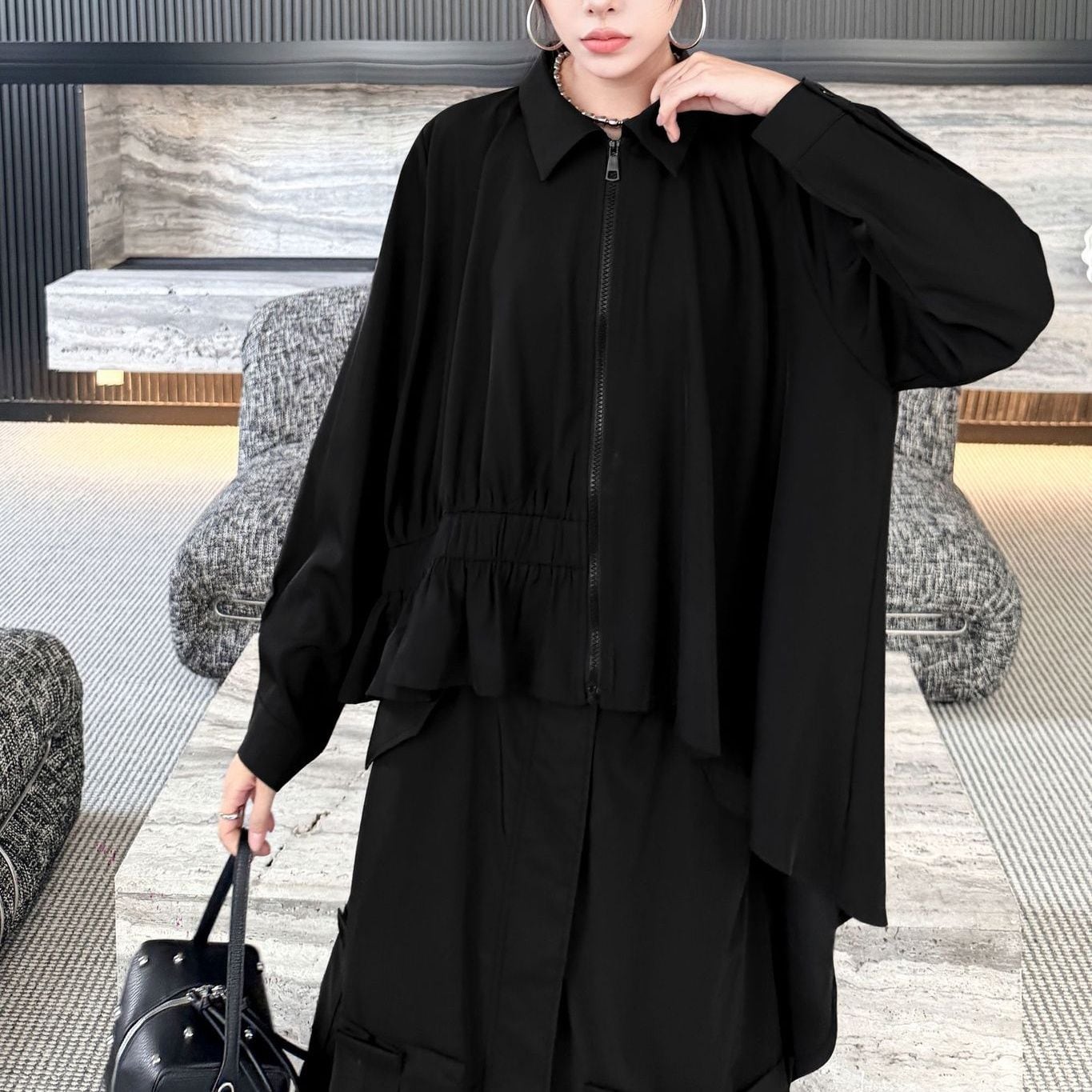 ASYMMETRIC ZIPPERED COLLAR ELASTIC HEM JACKET M-18589