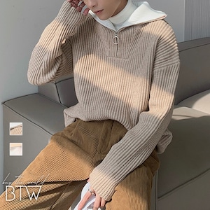 【韓国メンズファッション】ハーフジップアップリブ編みニット クール カジュアル きれいめ 大人 ゆったり BW2386