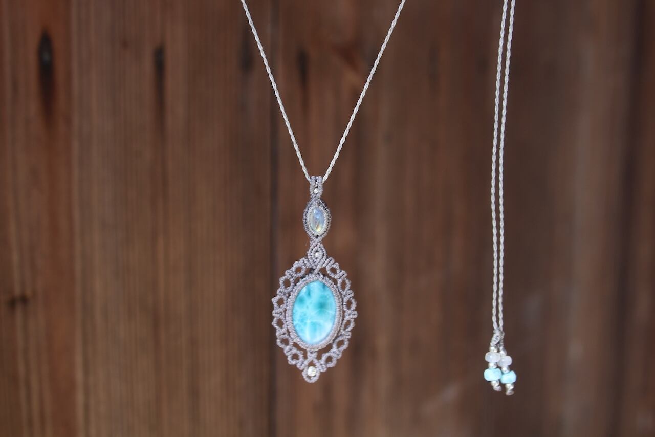 Larimar & Rainbow  moonstone  micro macrame pendant