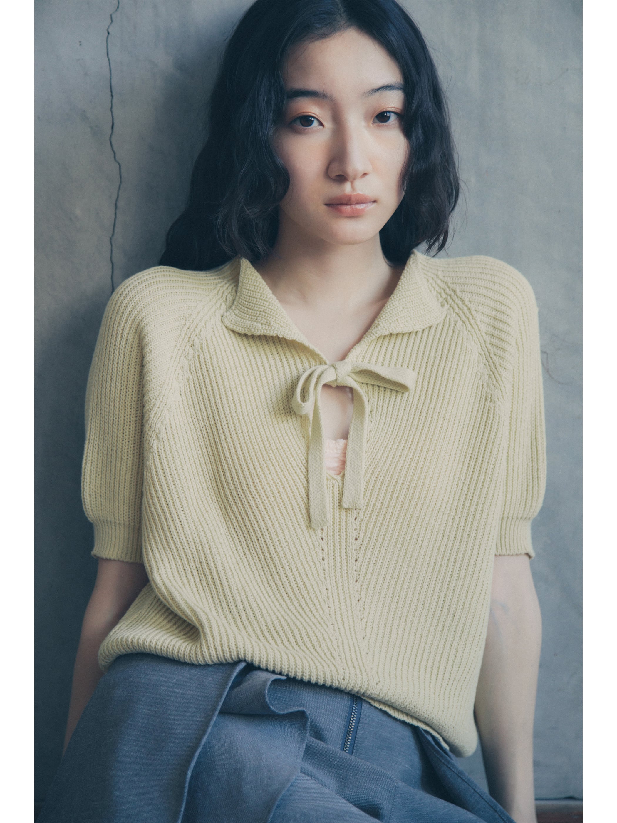 【受注】Whole-garment Bow-Tie Knit top - MISTY BLUE/YELLOW