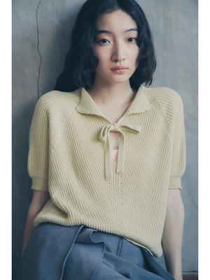 【受注】Whole-garment Bow-Tie Knit top - MISTY BLUE/YELLOW