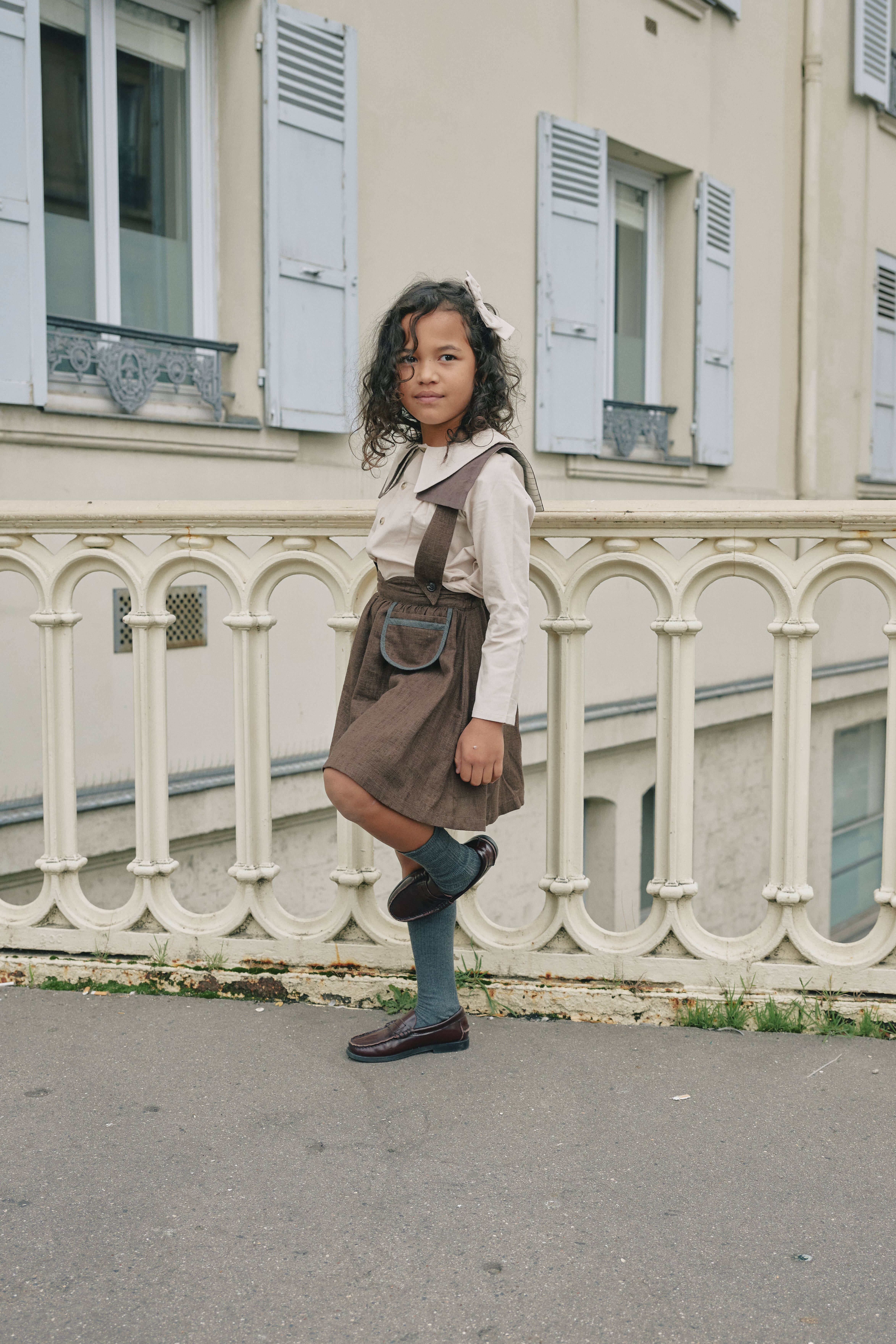 【予約/送料無料】Skirt TOURNON with straps-brown linen / Maison Marelle