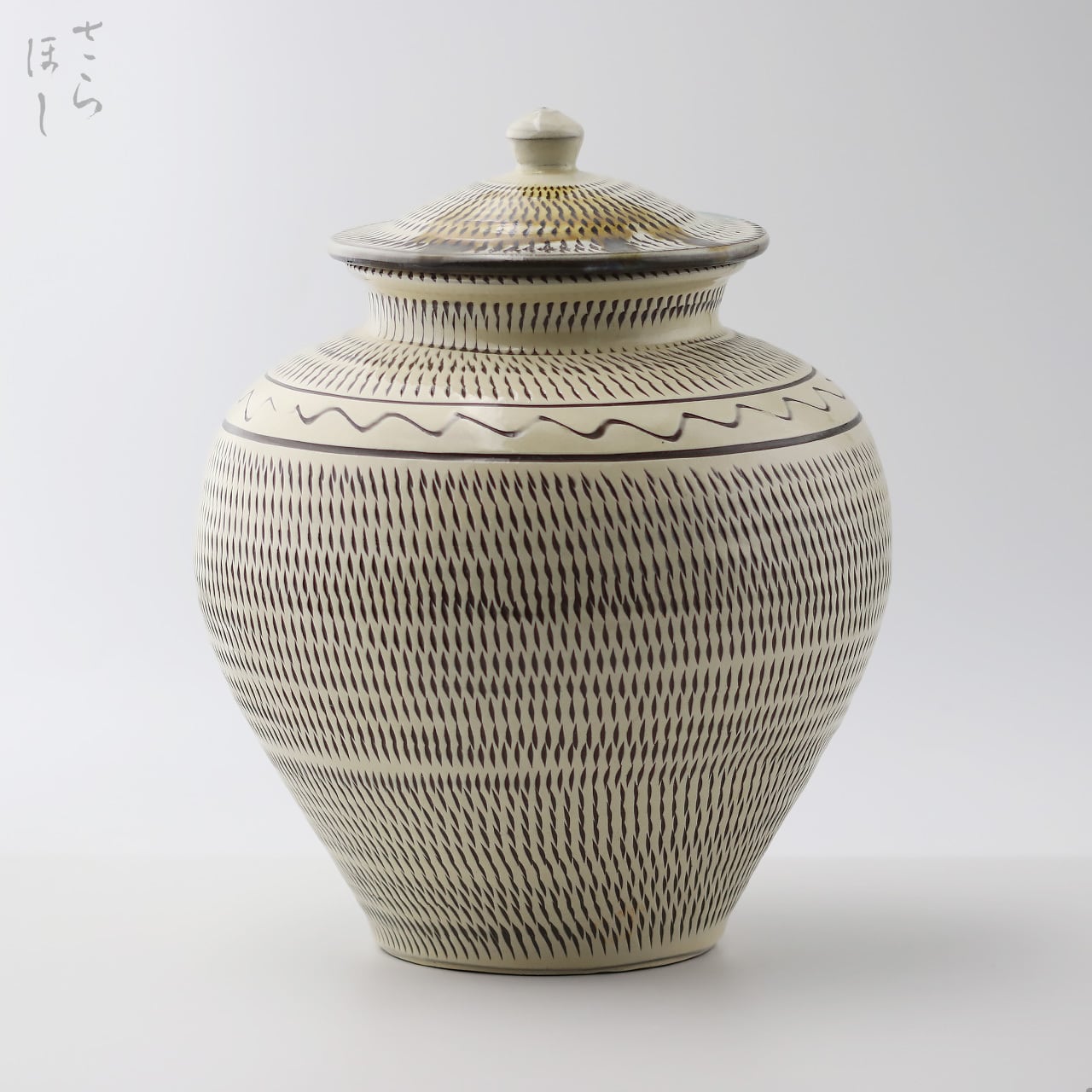 一点もの】小鹿田焼 小袋窯 2升蓋付き壺 飛びかんな/櫛描き/打ち掛け