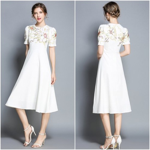 演奏会ドレス ミドル丈ドレス 半袖 大きいサイズ XL 2XL シフォンドレス フォーマル お呼ばれ 刺繍 きれいめ エレガント ホワイト レトロ スリムウエスト 夏服 演奏会ドレス ミドルスカート