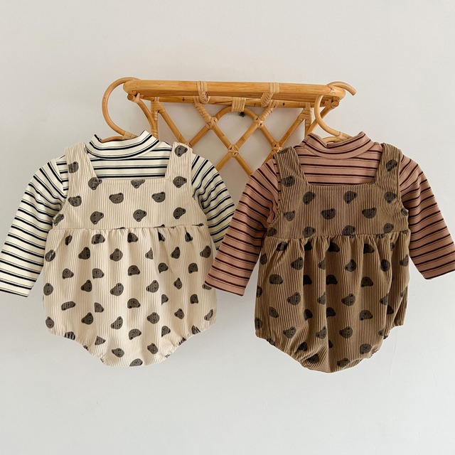 【秋作】熊柄コーデュロイサロペットロンパース　全2色