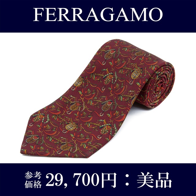 送料無料 フェラガモ ネクタイ シルク 赤 ボルドー レッド 茶色 ブラウン 緑 珍しい 馬具 植物 ブランド おしゃれ イタリア製 綺麗 N354