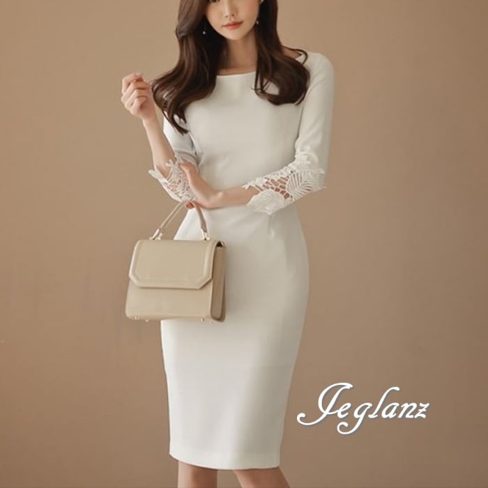 3色 ボートネック ワンピース ドレス 切替 レース エレガント 7分袖(M0084)ζ