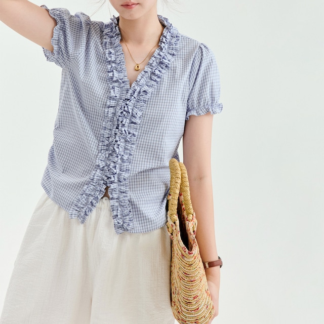ruffle gingham v-neck blouse