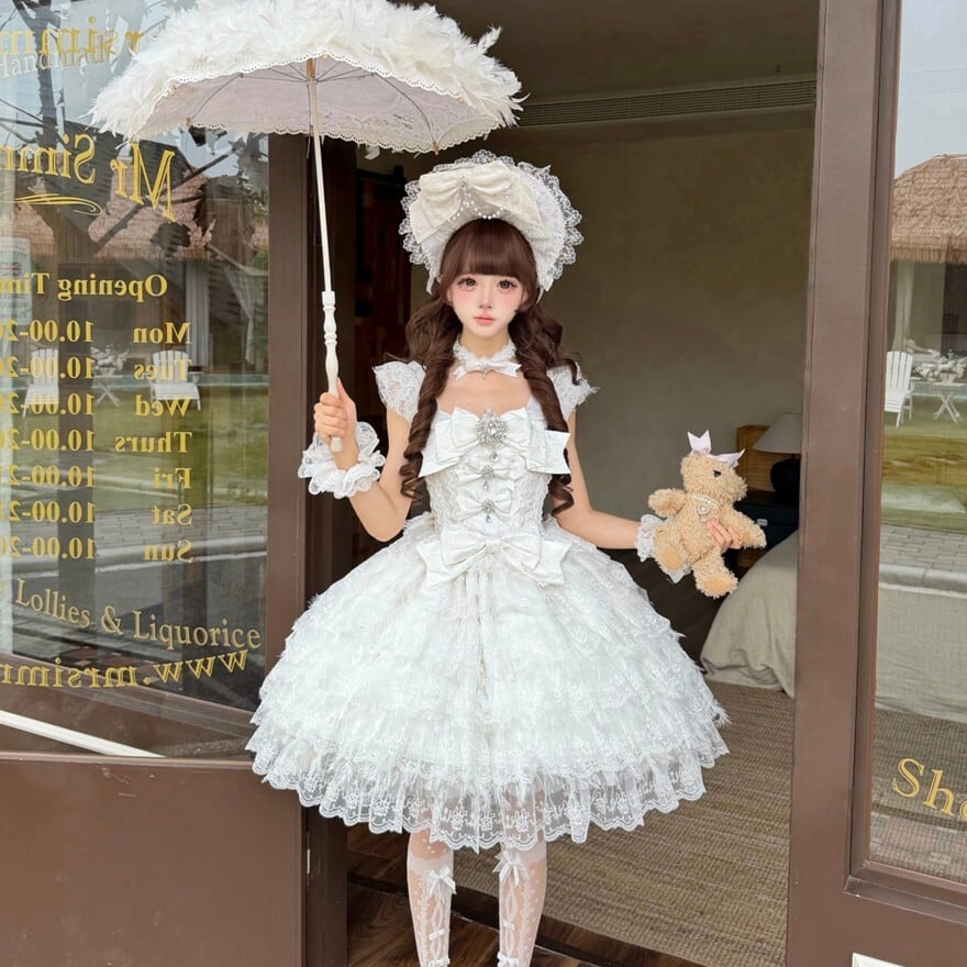 ロリータファッション 甘ロリ 白レースビッグリボン姫系ボンネット