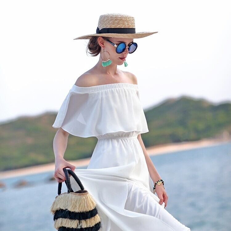 BB0598】オフショルダー Aライン シフォン ロングワンピース | Blanc