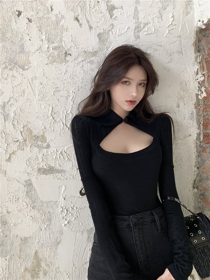 ブラックラペルホローニットTシャツレディース秋タイトフィット長袖ボトミングシャツ2020新しいインナージャケットインタイド ブラックストロベリース62306835772