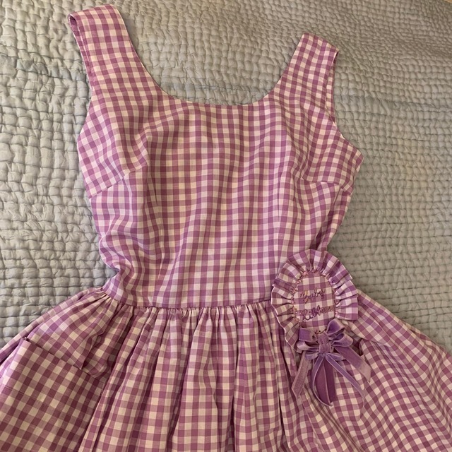 ライラック×白ギンガムワンピース　ロゼット付き(200310)