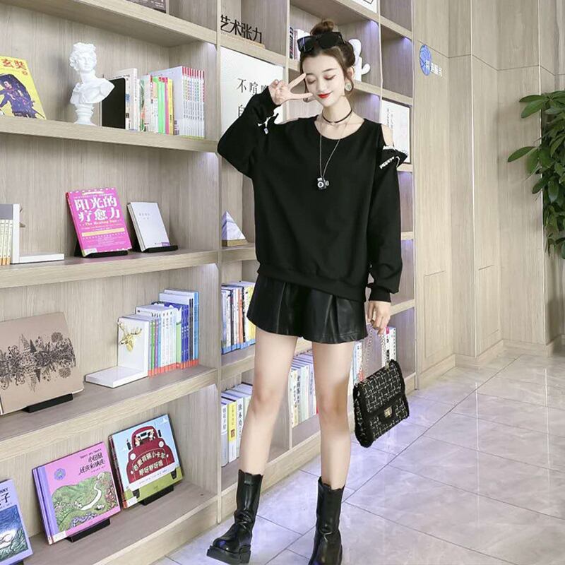 ラージサイズセーターレディースファットmmタイドルーズオータムストラップレスプルオーバーレディーストップスオールマッチ200キャティーズシンTシャツエインスタイル ミックスインファッション96847386925