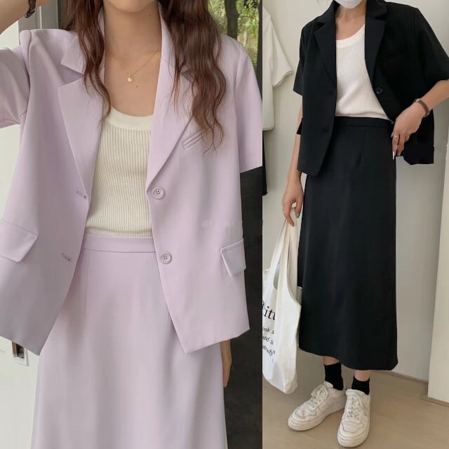 セットアップ ツーピース レディース スカート ジャケット 半袖 おしゃれ かっこいい ミモレ丈 Sサイズ Mサイズ ブラック/パープル/カーキ/アプリコット/グリーン