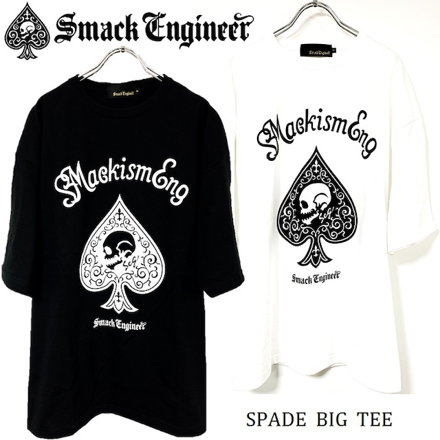 SMACK ENGINEER / スマックエンジニア「Rogia限定 SPADE BIG TEE」ビッグＴシャツ オーバーサイズ 半袖 五分袖 ワンピース 黒 白 ブラック ホワイト スペード スカル ドクロ バックプリント 大きい メンズレディース PUNKROCK パンクロック バンド ギフト ステージ衣装 Rogia