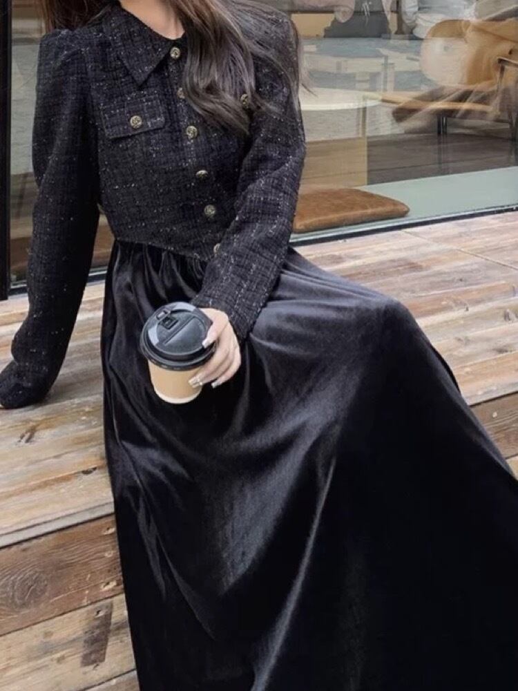 韓国っぽクラシックガーリー♡ クラシカル異素材切替ワンピース ベロア ハイウエスト シンプル ロング丈 体型カバースタイルアップ 大きいサイズ 韓国 CH10436