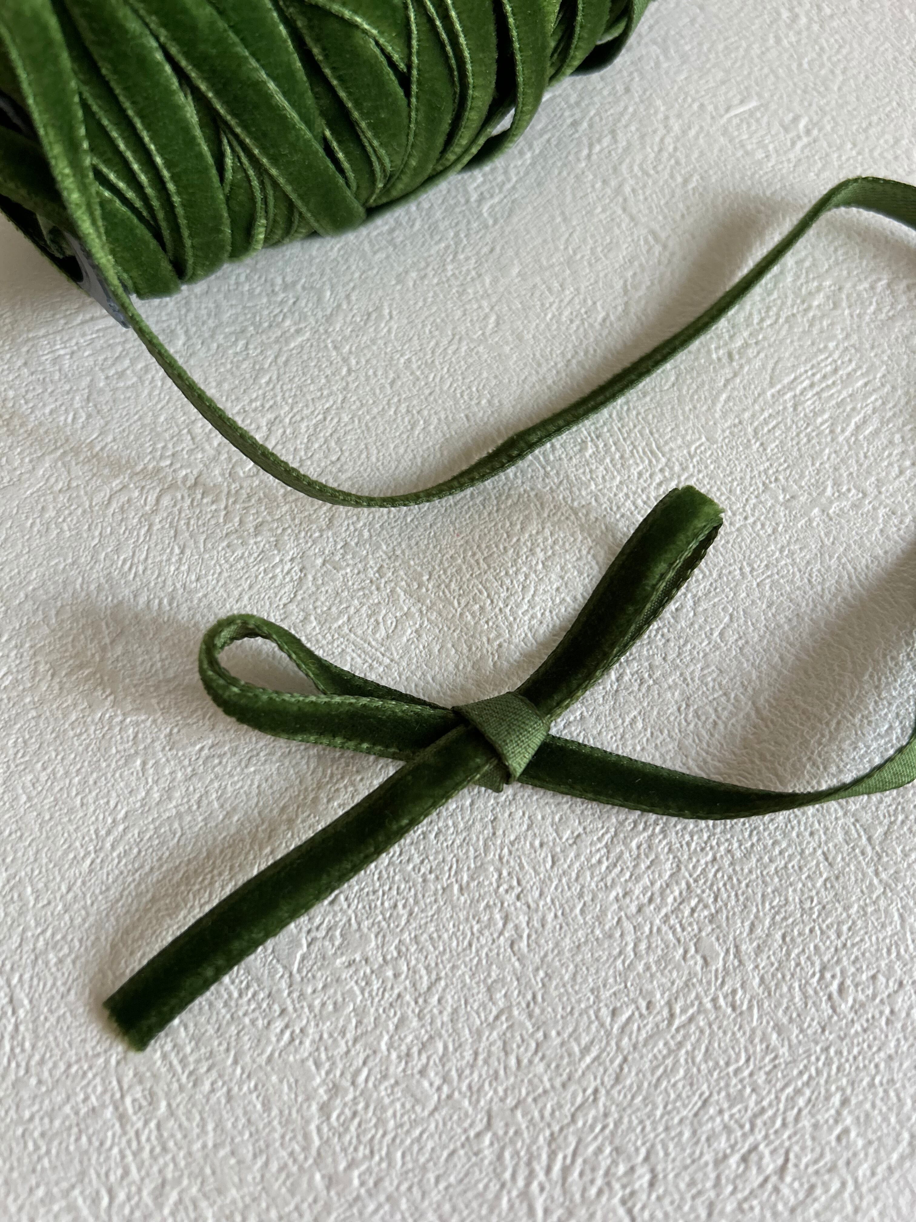 フランスVintage Ruban ベルベットリボン 片面 グリーン 7mm カルトナージュ デコレーション材