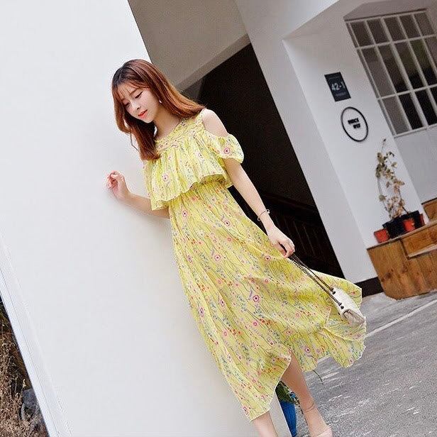オープンショルダー花柄シフォンマキシワンピース 全3色 L0006 | LILIANA