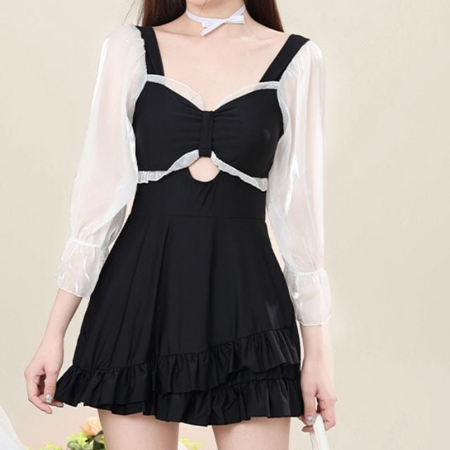 水着 レディース ワンピース 長袖 体型カバー 夏 フリル ガーリー 無地 フレア 透け感 甘め ビーチ プール ブラック M/L/XL