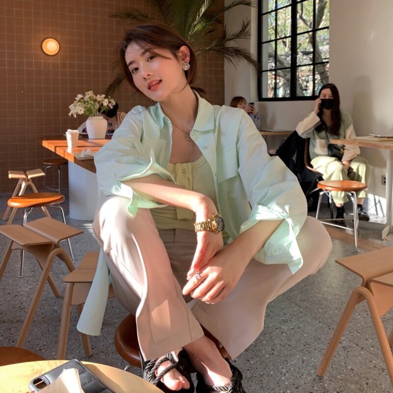 グリーン薄手シャツ ルーズジャケット オータムトップス 秋物 モンロー90186948882