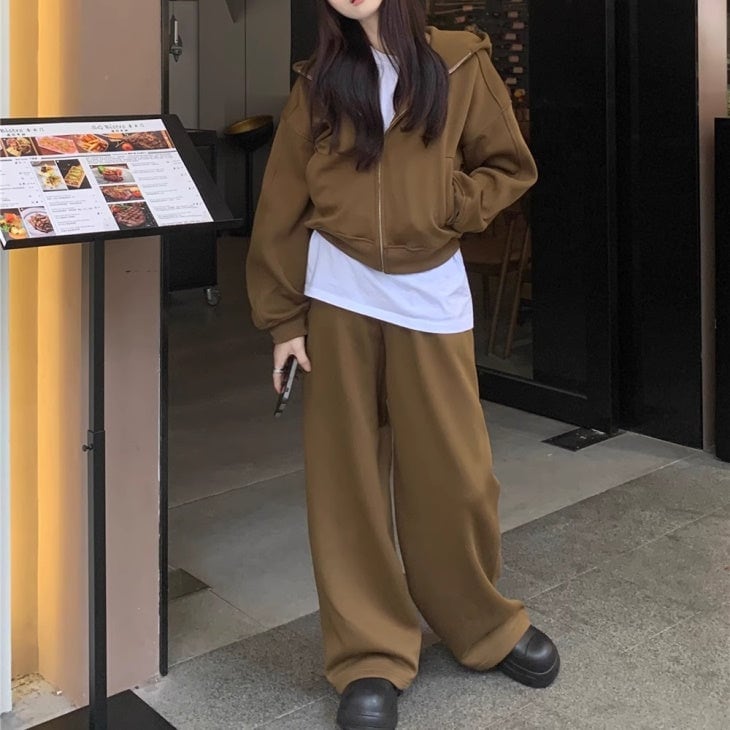 スウェットパーカー ワイドパンツ セット 韓国風 リブ素材 パーカーセットアップ レディース 韓国 ファッション スウェット