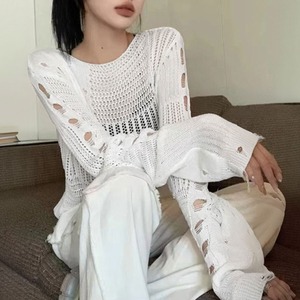 ダメージニット 透かし編み 長袖 レディース 春秋 韓国 ニット 大人 カジュアル ストリート 透け感 ダメージ加工 メッシュ メッシュニット 体型カバー ゆったり 薄手 大人可愛い 大人女子