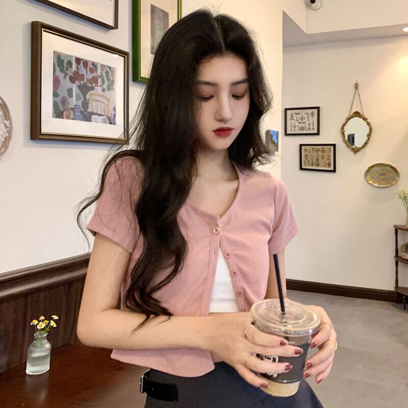 ショートトップス スプリングソリッド カラーカーディガンTシャツ 薄手スタイル 春物 ソリッドカラー 萌量不足12853433816