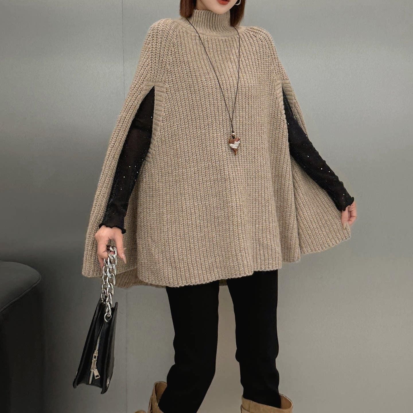 HIGH NECK BATWING SLEEVE KNIT CAPE OUTER M-18740