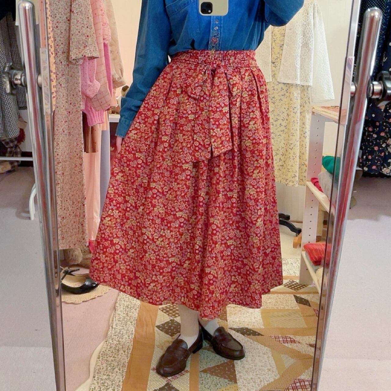 red flower waist ribbon skirt