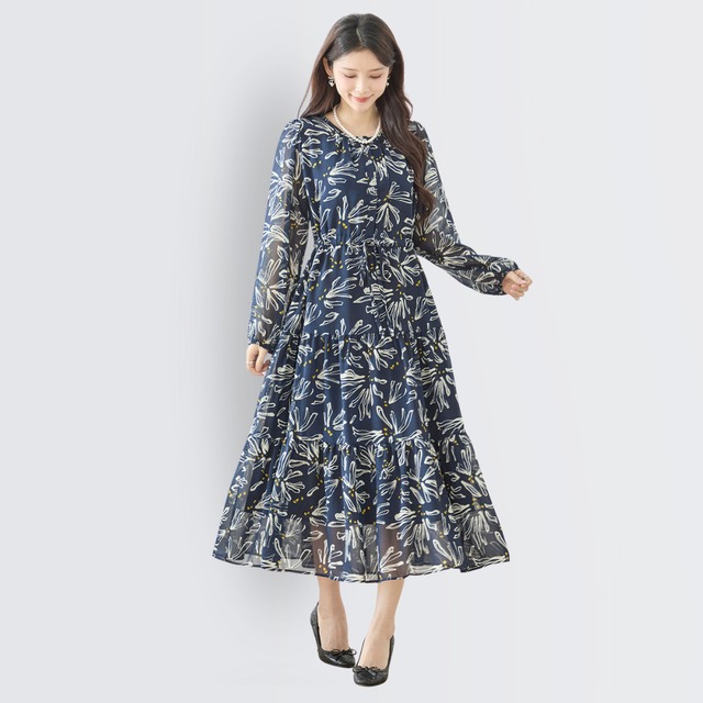 TRUBE 花モチーフアート風デザインプリントワンピース【M~L】ネイビー