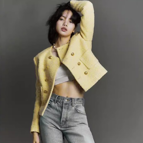 ショート丈ジャケット レディース アウター 羽織 長袖ジャケット 上着 ノーカラージャケット ラウンドネック ゴールドボタン ダブルブレスト ポケット きれいめ エレガント おしゃれ フォーマル