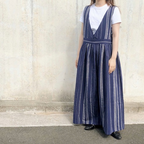 ロングジャンパースカート (紺白)