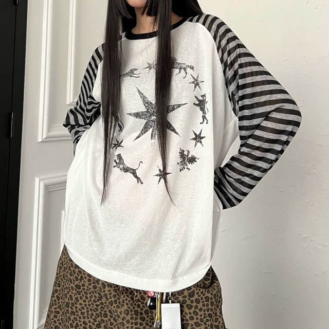 スターアニマルグラフィックボーダーラグランTシャツ 1col   R02534