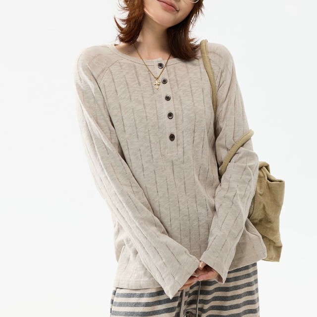 random-line henley veck long tee　ランダムラインヘンリーネックロングティー　J2111