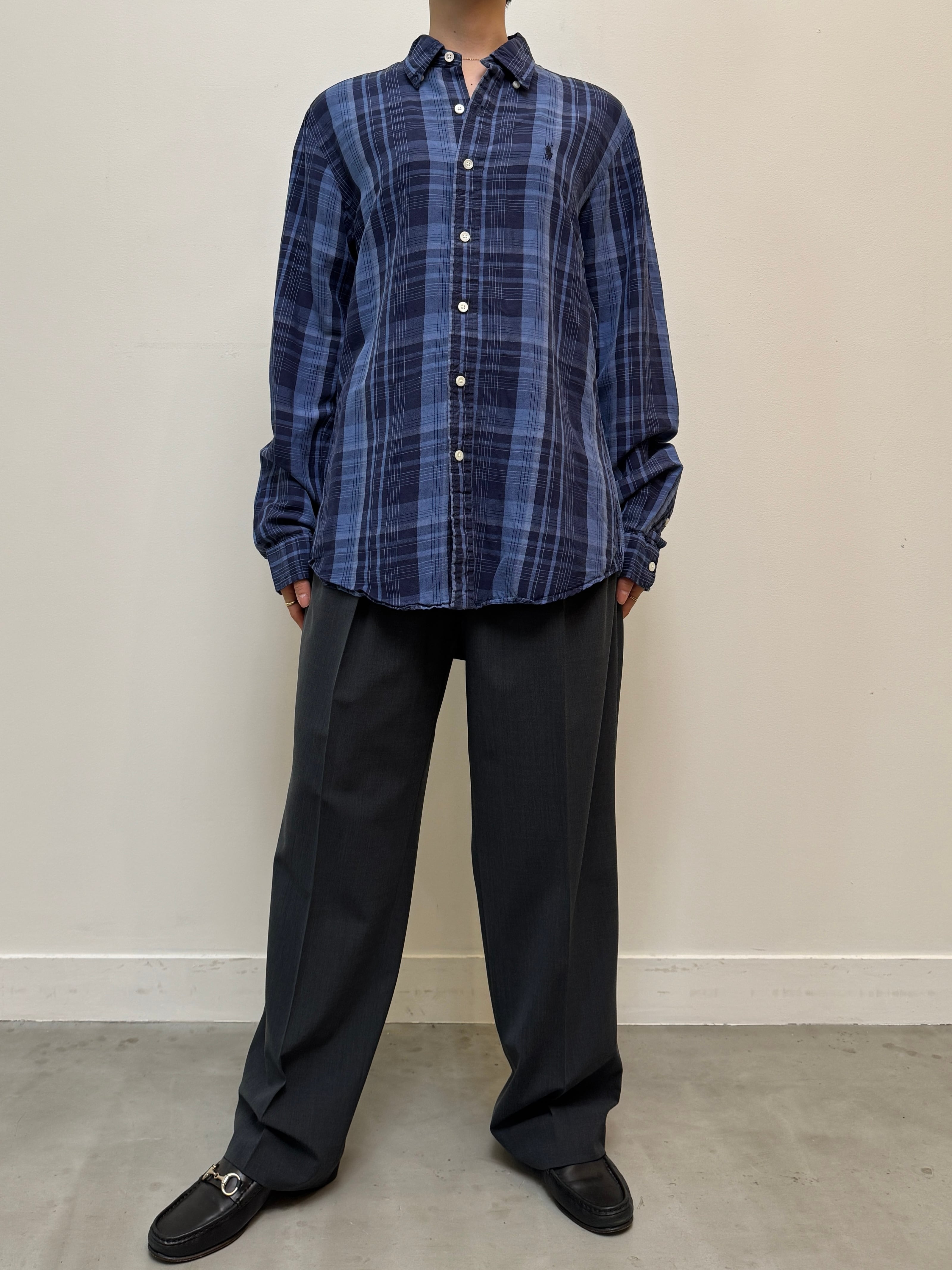 BL13-4 USED Ralph Lauren CHECK SHIRT "M" -NAVY-
