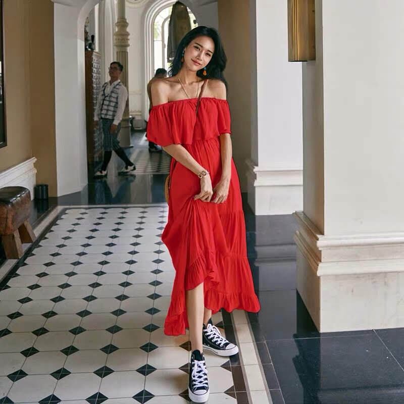 オフショルダーコットンマキシワンピース 胸元フリル リゾート