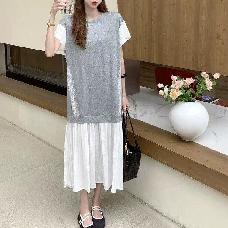 FAKE-2-PIECE STITCH DESIGN ROUND NECK MIDI PULLOVER DRESS 2colors M-14079