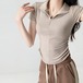 Tシャツ 韓国 【2枚で300円OFF】2025新作 韓国 半袖 トップス タイト プリーツ 弾力 トップス レディース 着やせ ピュアカラー ラウンドネックレディース