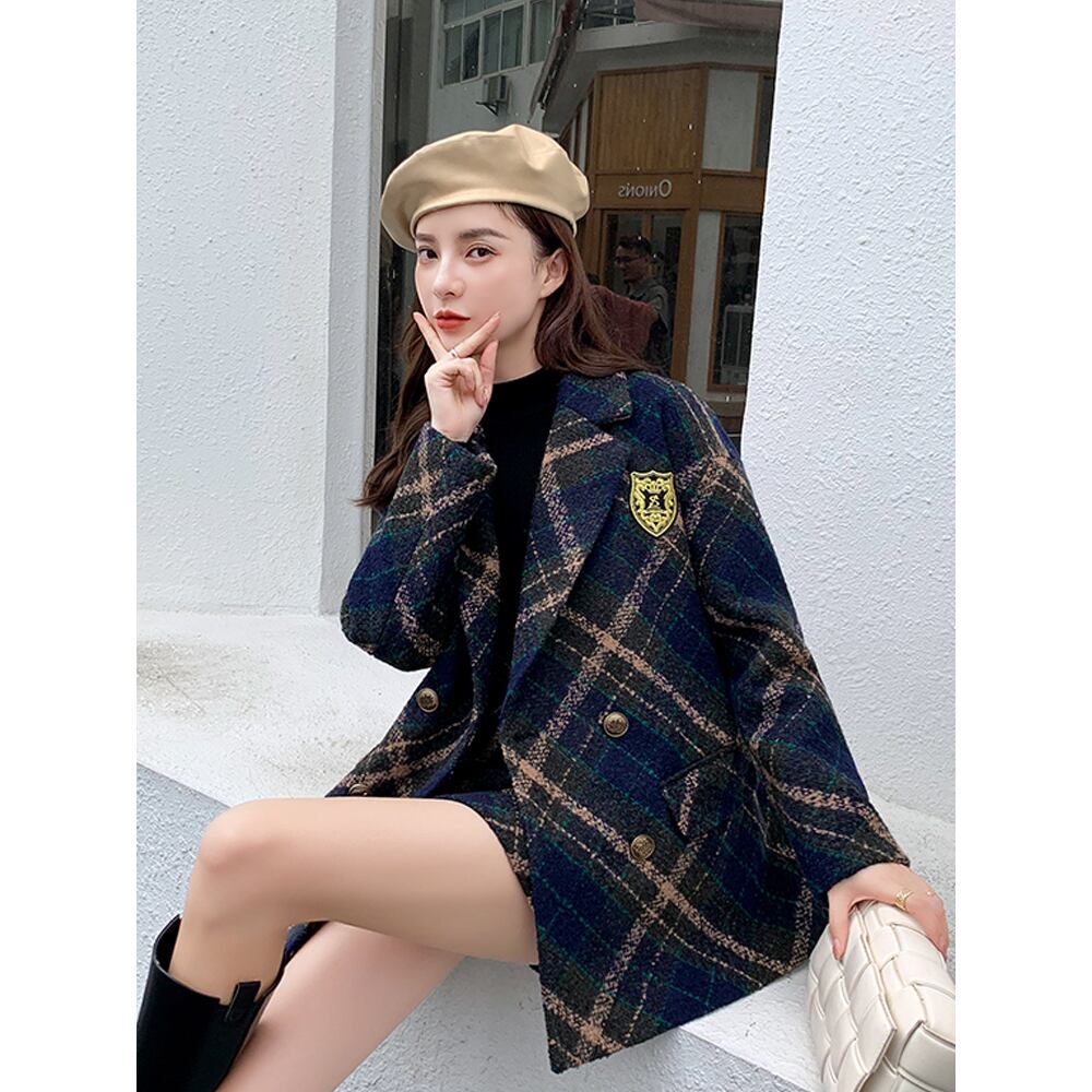 セットアップ テーラードジャケット チェックスカート ミニスカート 膝  