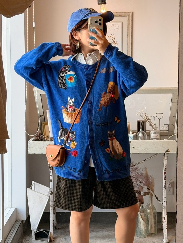 1990’s Cat Embroidered Cotton Ramie Cardigan／L