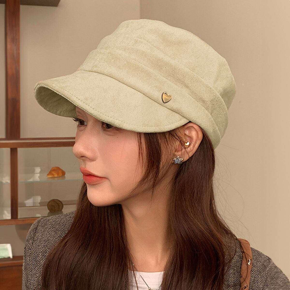 帽子 キャスケット スエード調 ハット レディース 秋冬 ハート飾り おしゃれ 大人 かわいい クラシック 小顔見え ヴィンテージ レトロ マリンハット 大人可愛い 大人女子
